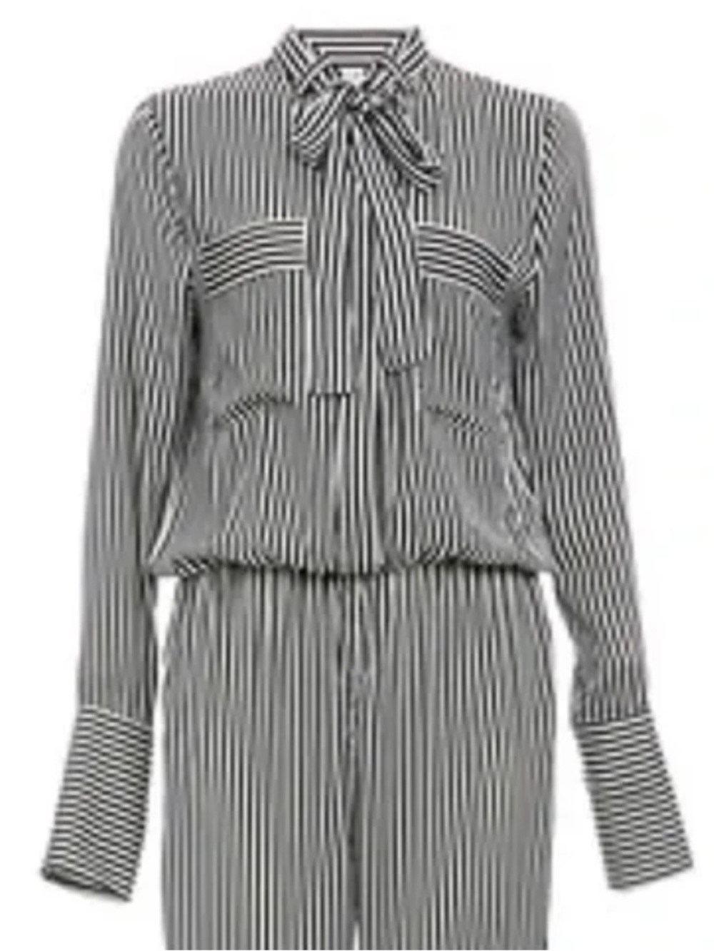 Six Crisp Days Black & White Vertical Stripe Tie-Neck Front Pocketed Blouse M